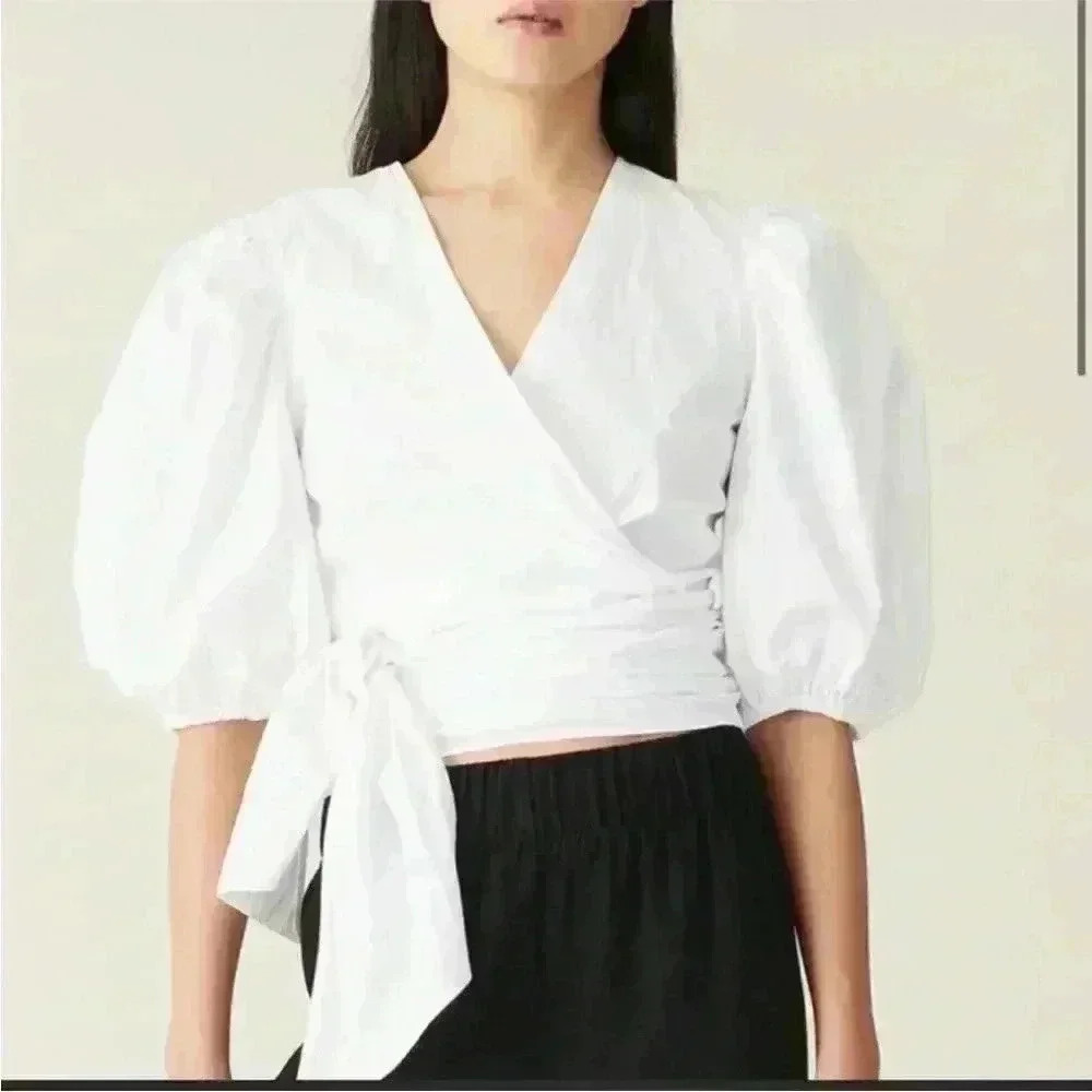 Ganni White Puff Sleeve Wrap Blouse